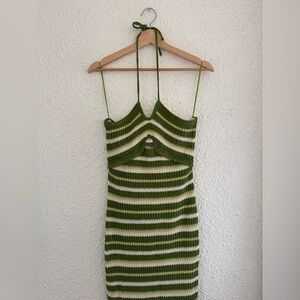 Sincerely Jules Green and Cream Ribbed Cut Out Midi Dress